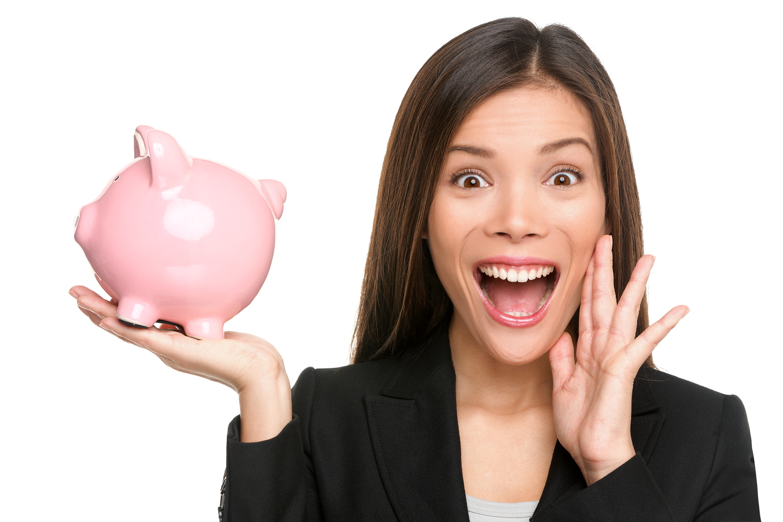Woman holding piggy bank screaming and shouting excited and funn